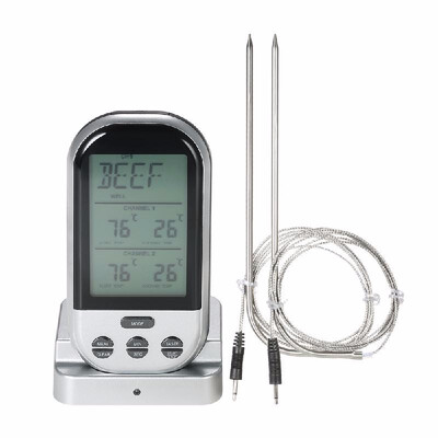 

Wireless Digital Food BBQ Cooking Thermometer Timer Backlight LCD Temperature Gauge with Transmission Dual Probes--Black