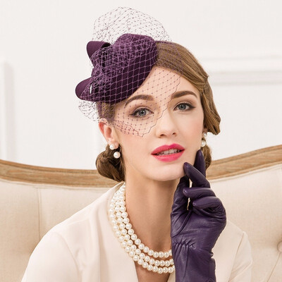 

New Women Noble Hat Female Vintage Wine Red 100 Wool Fedoras Hat English Party Fashion Veil Cap B-4787