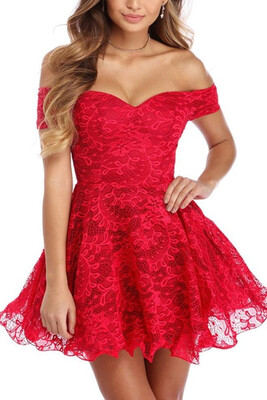 

Lace Skater Off the Shoulder Short Sleeves High Waist Padded Cups Dress 2018 Hot