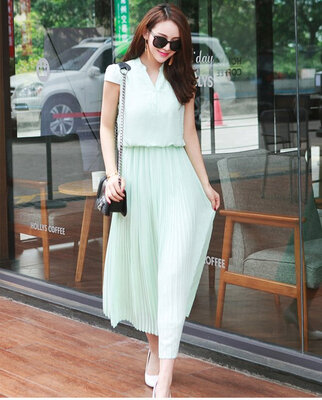 

Ladies Pleated Sleeveless Dress Elastic Waisted Chiffon Long Dress
