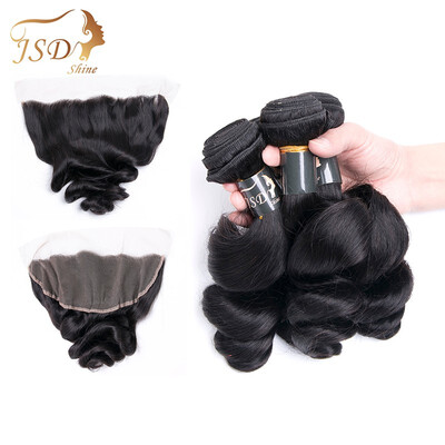 

JSDshine Indian Virgin Hair Loose Wave Ear to Ear Lace Frontal Closure with 3 Bundle Human Hair Extension Natural Black Loose Wave