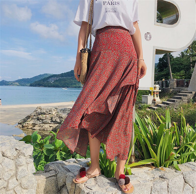 

Elastic Waist Chiffon Floral Print Irregular Midi Skirts Women Elegant Ruffles High Waist Boho Skirts Faldas Mujer Saias