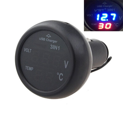 

New 3 in 1 Digital LED Voltmeter Thermometer Auto Car USB Charger 12V/24V