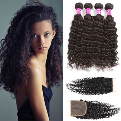 

8A Brazilian Virgin Human Hair Deep Wave 4 Bundles with Free Part Closure 100 Unprocessed Extensions Bundles with Closur