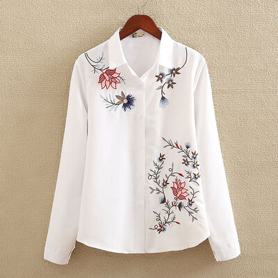 

Fashion Women Leaves Embroidery Long Sleeve Blouse Casual Shirt Blouses Tops
