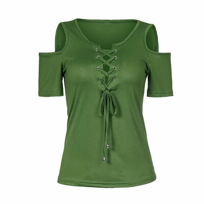 

Womens Short Sleeve Cold Shoulder Deep V Low-Cut Lace-up Tees Strappy tunic Sexy tops