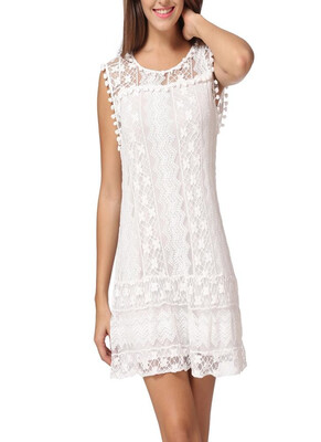 

Summer Casual Lace Sleeveless Tassel Womens Shift Mini Dress Homecoming Dress