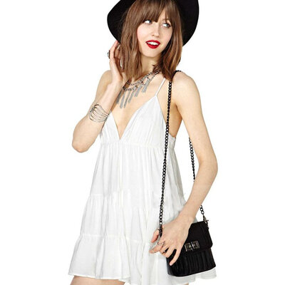 

Europe Women's Ladies White Cotton Deep V Collar Hanging Neck Sleeveless Dress