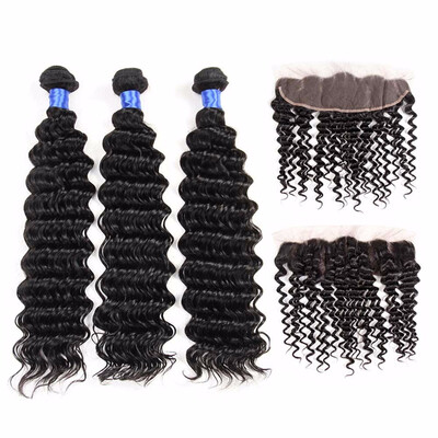 

HCDIVA Indian Virgin Hair Deep Wave Lace Frontal Closure with 3 Bundle Hair Extensions India Deep Curly Full Beauty End Natural