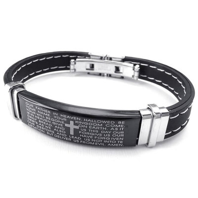 

Hpolw MensWomens Rubber Stainless Steel Leather Bracelet&Cross Prayer Carved with sacred Fu Wen Spring buckle Bracelet