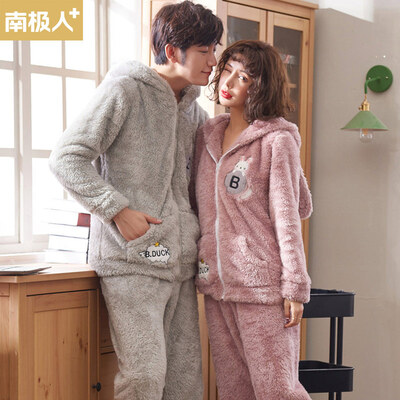 

Antarctic couple pajamas female winter coral fleece long sleeve thick flannel cartoon home service 00-0251A male models gray 1852  code
