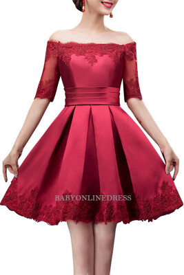 

A-line Off-shoulder Half Sleeves Short Lace Appliques Prom Dresses Homecoming Dress