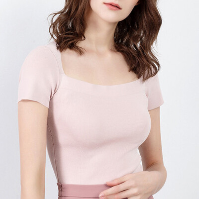 

Canvaus Summer New Women Square Collar Solid Slim Short-sleeved Bottoming Shirt Commuter Simple T Shirt