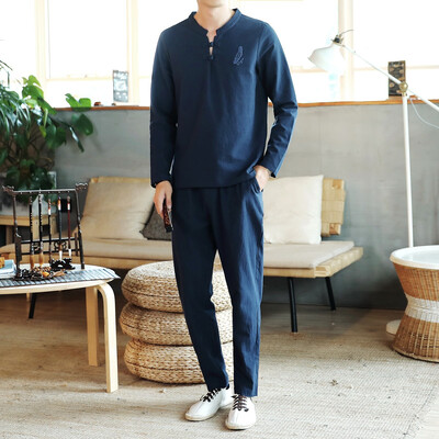 

T-shirt suit male Chinese style large size plate buckle casual pants loose
