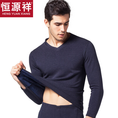 

Hengyuanxiang warm underwear for men&women thickening plus velvet V-neck Slim breathable thick autumn clothing long trousers middle-aged fashion cotton warm pants suit male flower green V-neck 175 XL