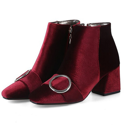 

IDIFU Womens Elegant Buckle Strap Block Medium Heel Ankle Booties Square Toe Velvet Side Zipper Short Boots