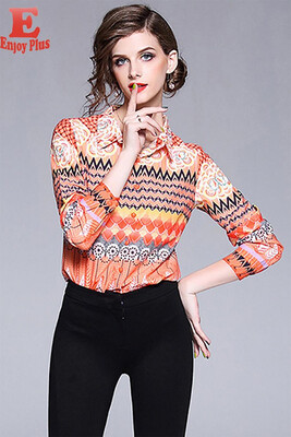 

L XL XXL office new summer 2018 women blouse shirt long sleeve orange striped digital print slim lady top with collar