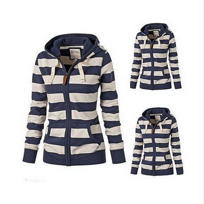

New Winter Style Women Large Size Long Sleeve Zipper Striped Hoodie Casual Coat Winter Sweatshirts Outwear