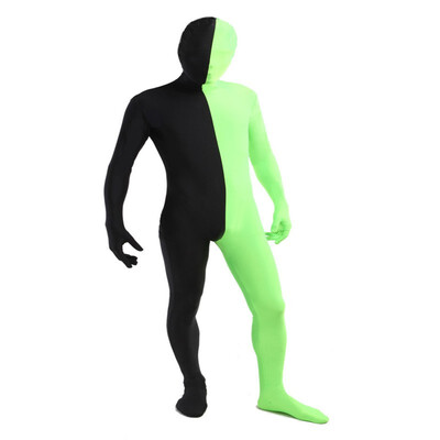 

Mens Full Zentai Bodysuit Mixed Color Spandex Lycra Zentai Tights Suit Left Blue&Right Black Halloween Costume