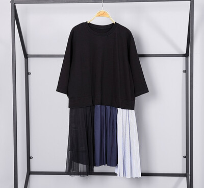 

2018 Long Three Quarter Sleeves T-shirt Patchwork Mesh Fake Two Piece Dress Women Spring Large Size