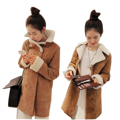 

Winter Women Fleece Suede Coat Thick Warm double breasted Long overcoat Outwear