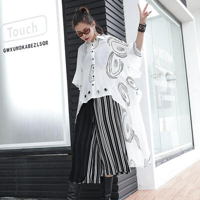 

2018 New Female Summer Print Cotton&Linen Swallowtail Long Loose Single Breasted White Blouse Short Sleeve