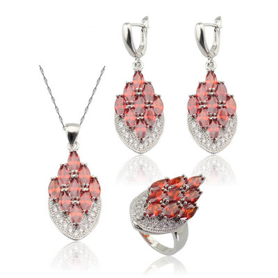 

Geometric Pomegranate Red Silver Plated Jewelry Sets for Women Choker Dangle Earrings Ring Free Gift Box