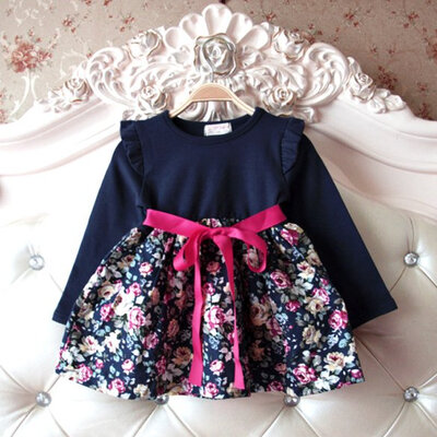 

New Girls Kids Children Flowers Splicing Tunic Sweet Princess Long Sleeve Dress