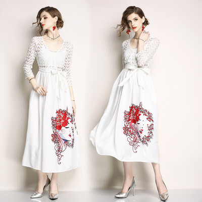 

DFYOP New Fashion Temperament V-Neck Dress Waist Print Lace Dress