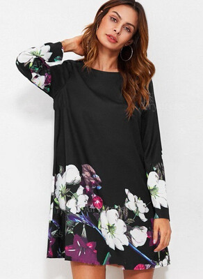 

2018 Women Summer Flower Print Above Knee Long Sleeve Dress Casual Navy Neck Long Sleeve A Line Dress