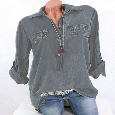 

New Womens Fashion Long Sleeve Lapel Pure Color Casual Loose Blouse