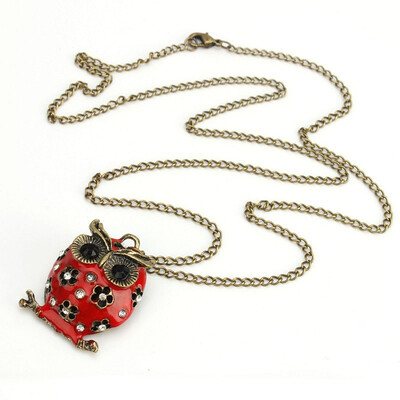 

New Stylish Red Black Enamel Hollow Rhinestone Owl Shape Pendant Long Chain
