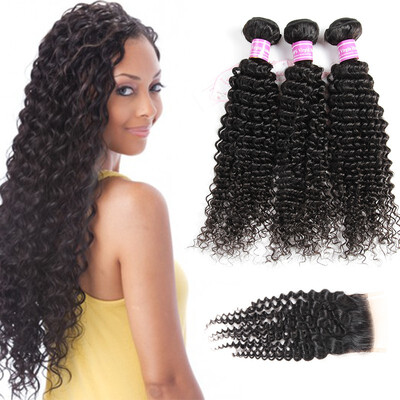 

Glary Indian Human Hair Bundles Kinky Curly 3 Bundles With Closure 100 Unprocessed Virgin Hair Weave With Lace Closure