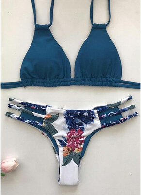 

2018 Floral Print Halter Bandage Sexy Women Bikini Set