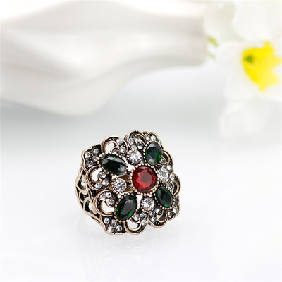 

Turkish Square Crystal Ethnic Wedding Rings For Women Antique Gold Color Boho Flower Design Full Rhinestone Ring Jewelry Gifts