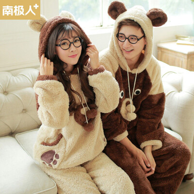 

Antarctic couple pajamas female winter head flannel long-sleeved cartoon bear coral fleece home service T-DR8018 female models light brown  code