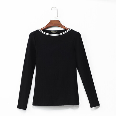 

Canvaus Autumn Winter Women O-neck Collar Stitching Striped Solid Slim Long-sleeved T-shirt Undershirt Tops