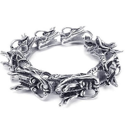 

Hpolw Heavy Wide Stainless Steel Gothic Dragon Biker Men's Bracelet, Black Silver, 9 Inch