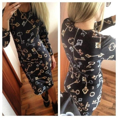 

2016 New Women winter ladies o-neck long sleeve office dress keys pattern print elegant evening party casual dress Free Shipping