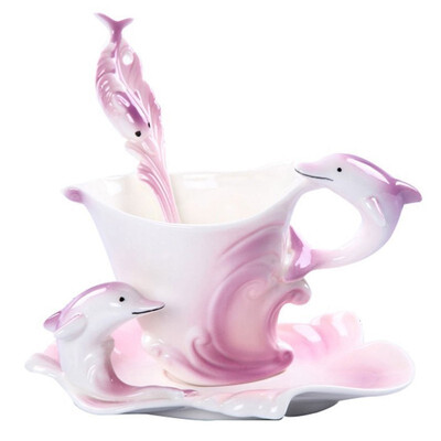 

UpperX Cute Dolphin Handmade Porcelain Tea Mug Coffee Cup Set with Spoon&Saucer Purple