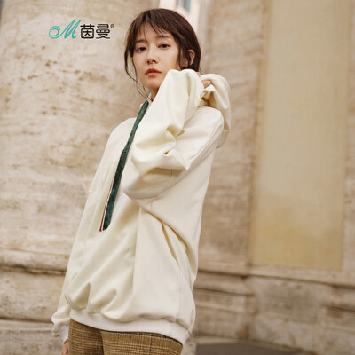 

INMAN 2018 autumn new hooded drawstring loose shoulder long sleeve fashion casual sweater female 18830VP82226 beige white M