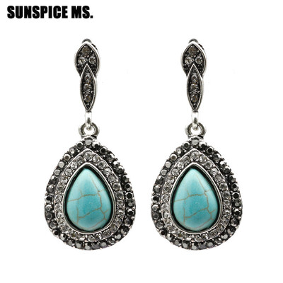 

Elegant Trukish Vintage Natural Stone Dangle Earrings For Women Water Drop Resin Full Rhinestone Earring Wedding Jewelry 2018