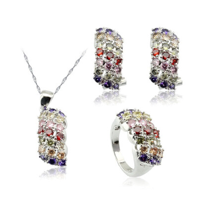 

Geometric Multicolor Stone Silver Plated Jewelry Sets for Women Choker Clip Earrings Ring Four Colors Available Free Jewelry Box