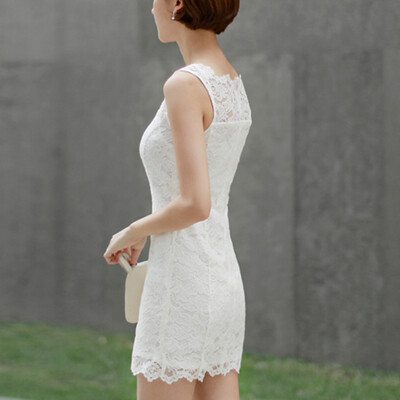 

In the summer of 2016 Korean Ladies White Lace Collar sleeveless slim package hip dress skirt