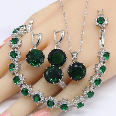 

2018 Dark Blue Sapphire Green Emerald 925 Silver Jewelry Sets Women Bracelet Earrings Necklace Pendant