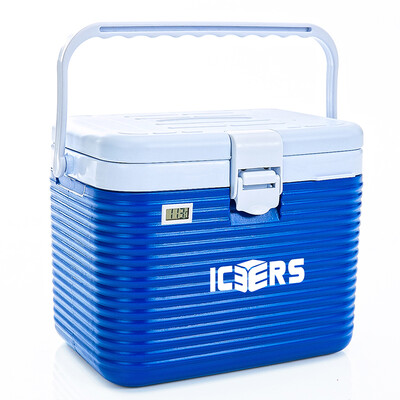

ICERS Essens incubator refrigerated box car insulin medical fresh box hot&cold two with ice bag 8 liters with strap thermometer display blue white
