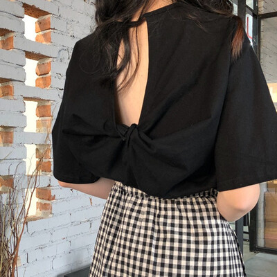 

2018 New arrival women t shirt korean style loose fitting hollow back round neck short sleeve top T-shirt tshirt