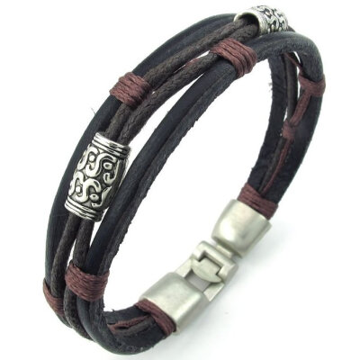 

Hpolw Mens Womens Leather Rope Bracelet Tribal Braided Cuff Bangle Brown Black Silver