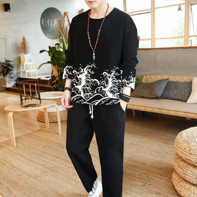 

China Style Large Size Exclusive Print Long Sleeve Pants Set