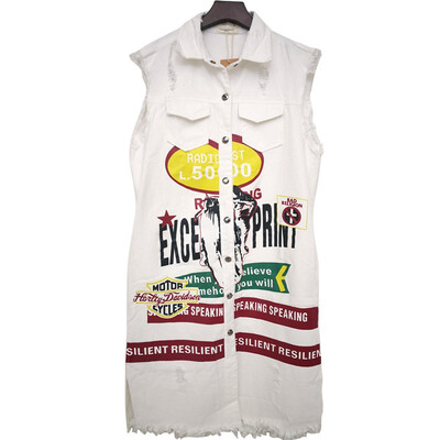 

2018 New Printing Graffiti Long Cowboy Sleeveless Vest Cardigan Denim Hole Vest for Women Sale